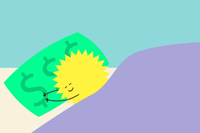 Ilustração de uma nota de dinheiro com rosto de sol sobre uma duna lilás