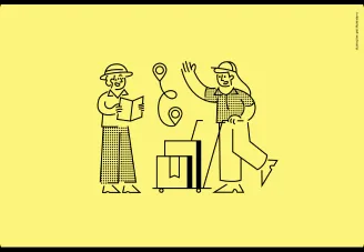 Ilustração de duas pessoas acenando ao lado de uma mala
